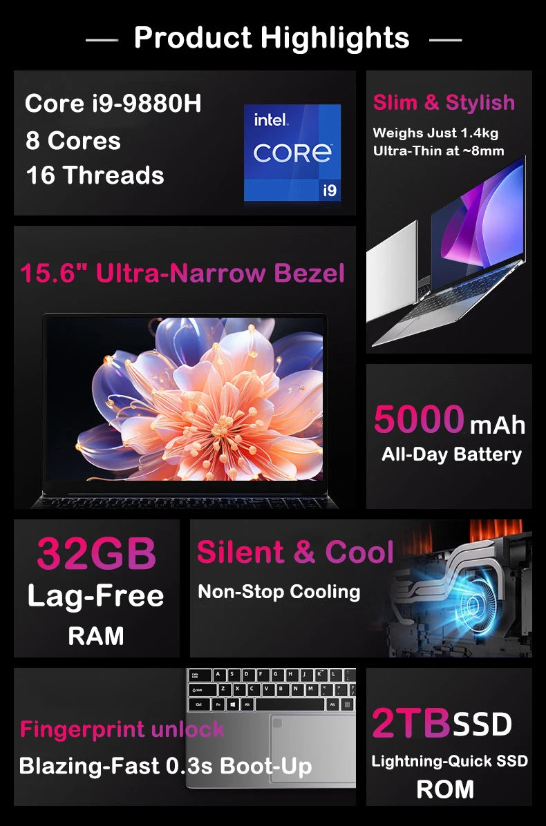New 15.6 " Laptop Intel Core i9-9880H 32GB RAM 2TB SSD Ultra Slim Gaming Laptop 1920*1080 Windows 11 Office Study Home Use