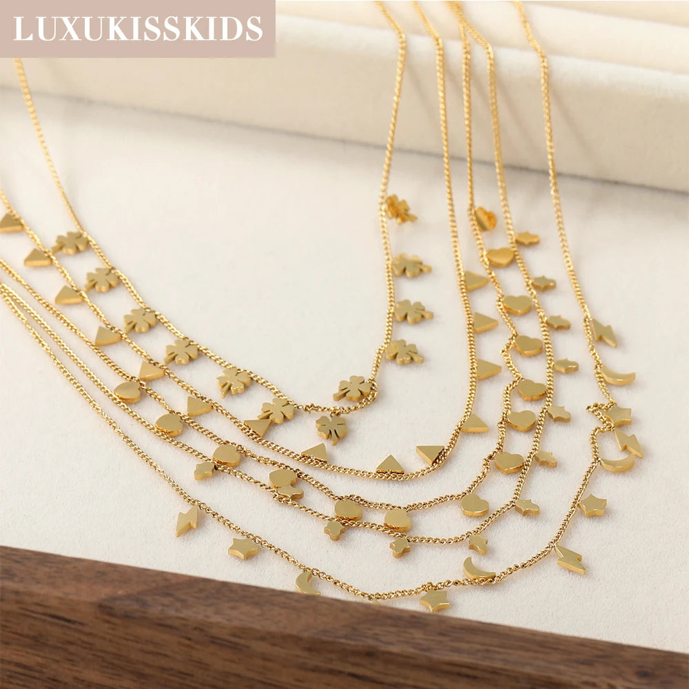 LUXUKISSKIDS Trendy Korean 5 Stars Charms Clavicle Choker Steel Fairy Woman Eight-Pointed Star with Shiny Zirconia Neck Collier