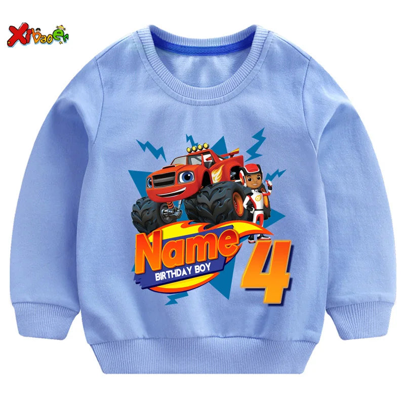 Children Clothes for Boys Sweatshirt Personalized Name Birthday Blaze Shirt Long T Shirt Girl Clothing Kids Toddler Fall Hoodie