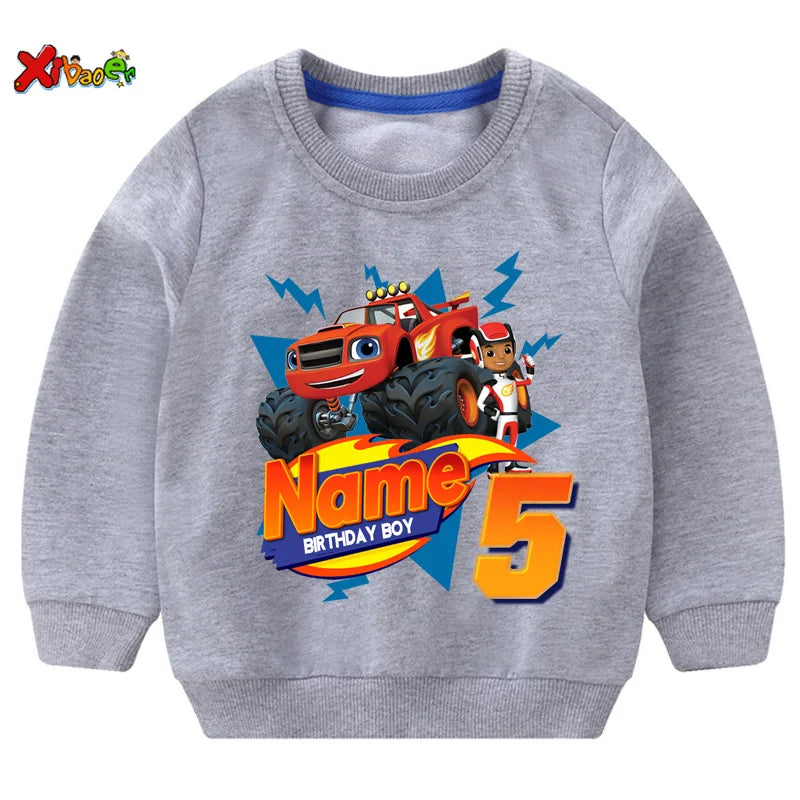 Children Clothes for Boys Sweatshirt Personalized Name Birthday Blaze Shirt Long T Shirt Girl Clothing Kids Toddler Fall Hoodie