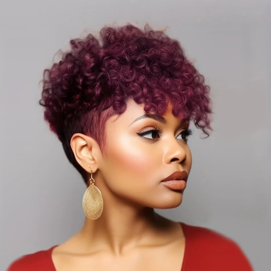 Human Hair Wig Burgundy 4# black Curly Pixie Cut with Layers With Bangs Short Hair Wigs For Women Full Machine Made Wig