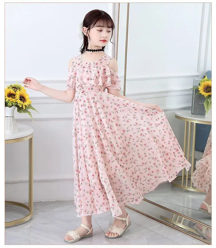 2025 fashion new Summer Teenager Girl Princess Kids Dresses Sleeveless Floral Vestidos Clothes mesh costume 6 8 9 10 12 14 Year
