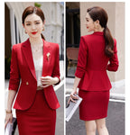 NAVIU Blue Suits Women 2023 New Autumn Professional Long Sleeve Rulffes Slim Blazer And Skirt Sets Office Ladies Work Wear Red