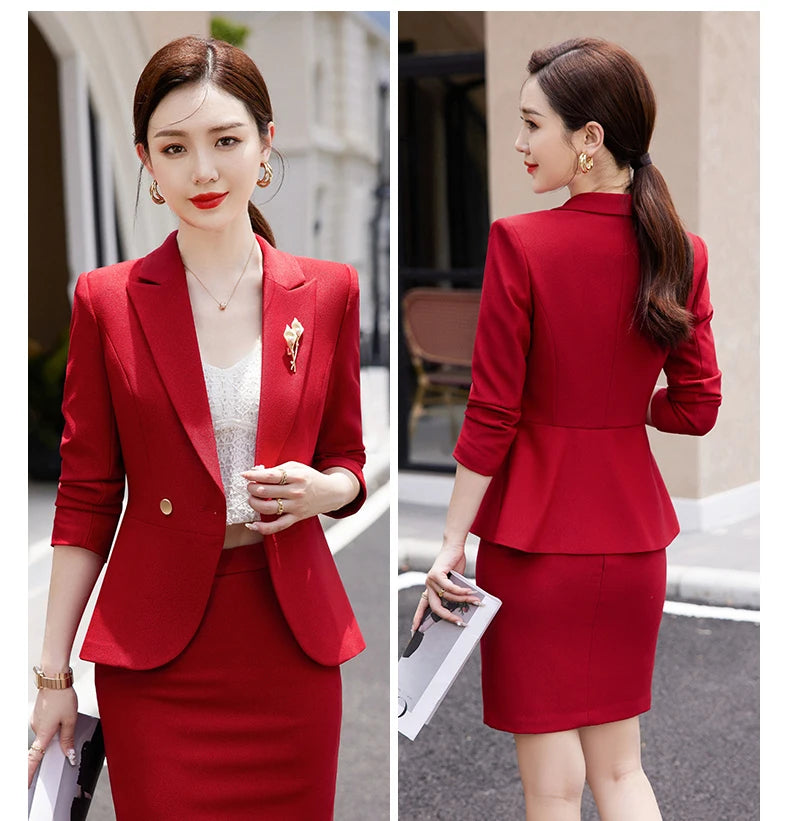 NAVIU Blue Suits Women 2023 New Autumn Professional Long Sleeve Rulffes Slim Blazer And Skirt Sets Office Ladies Work Wear Red
