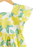 Vibrant Lemon Yellow Girl Short Sleeve Dress - Fresh Floral Pattern with Comfortable Cut