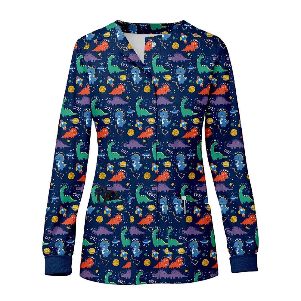 Women O-Neck Nursing Spa Scrub Uniforms Printed Scrubs Top Cartoon Medical Uniform Stretch Scrubs Top Long Sleeve Medicale Femme