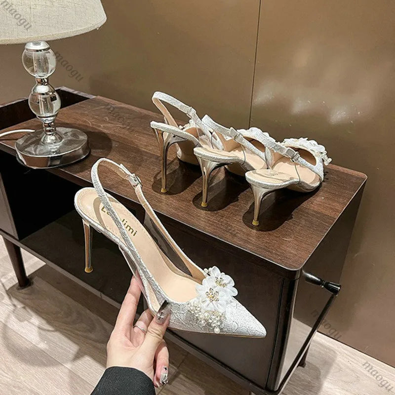 French Bride Gold Wedding Shoes for women Thin Heel Pointed Shallow Mouth Flower Rhinodrill High Heels Bao Head Fashion Sandals