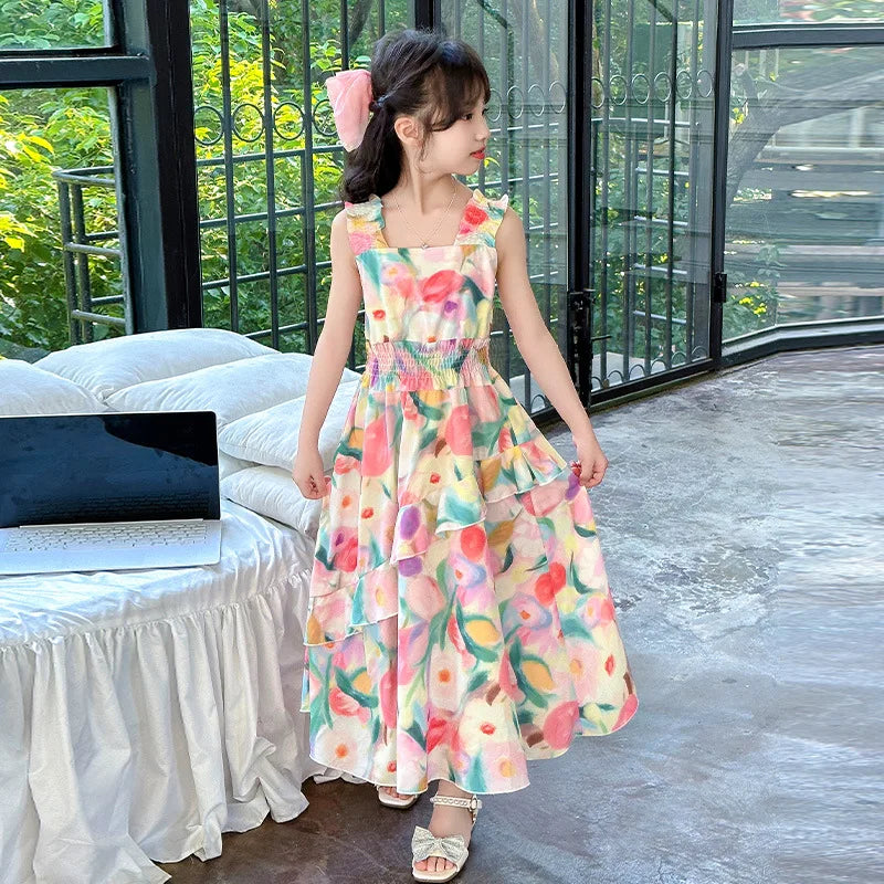 Girls Princess Dress Summer New Children's Puff Sleeve Long Dress Sweet Print Loose Kids Wear 6 8 10 12 14 Years Teens Clothes