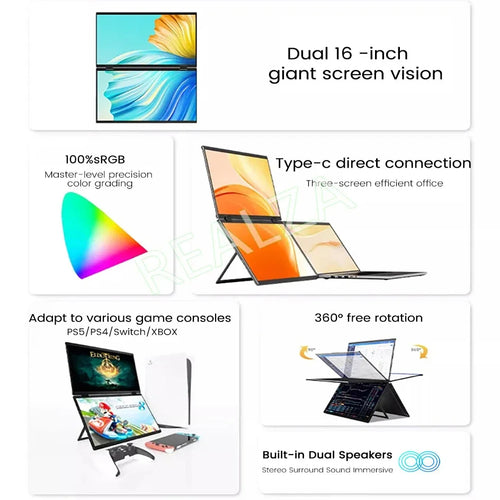 16 Inch 2.5K Dual Screen Portable Monitor 2560*1600P 16:10 100%sRGB With 360° Flip External Screen For PC Laptop Mac Phone PS4/5