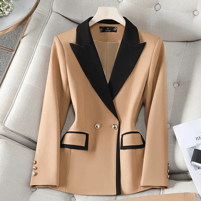 XFPV Office Lady Women Long Sleeves Blazer 2025 Autumn New Contrast Color Double Breasted Notched Loose Blazers Coat Autumn New