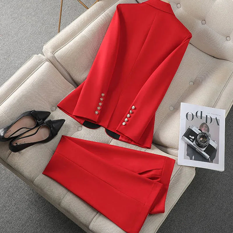 Fashion Red Black Beige Women Pant Suit 2 Piece Set Office Ladies Female Business Work Wear Formal Blazer Jacket And Trouser