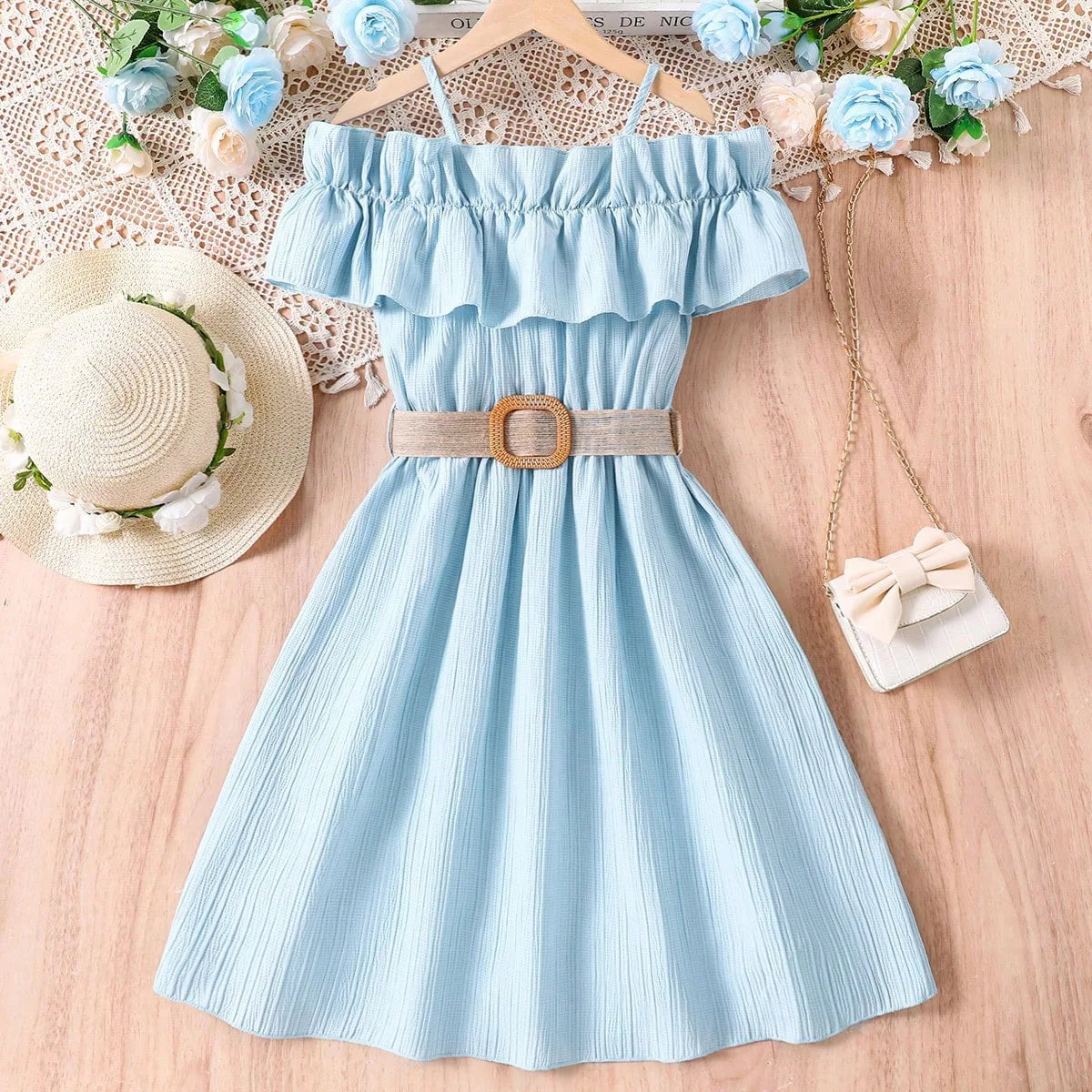 Prowow Girls Party Dresses With Belt 2pcs Trendy Ruffles Off Shoulder Dress For Girls Kids Clothes Teenagers Dresses Girls