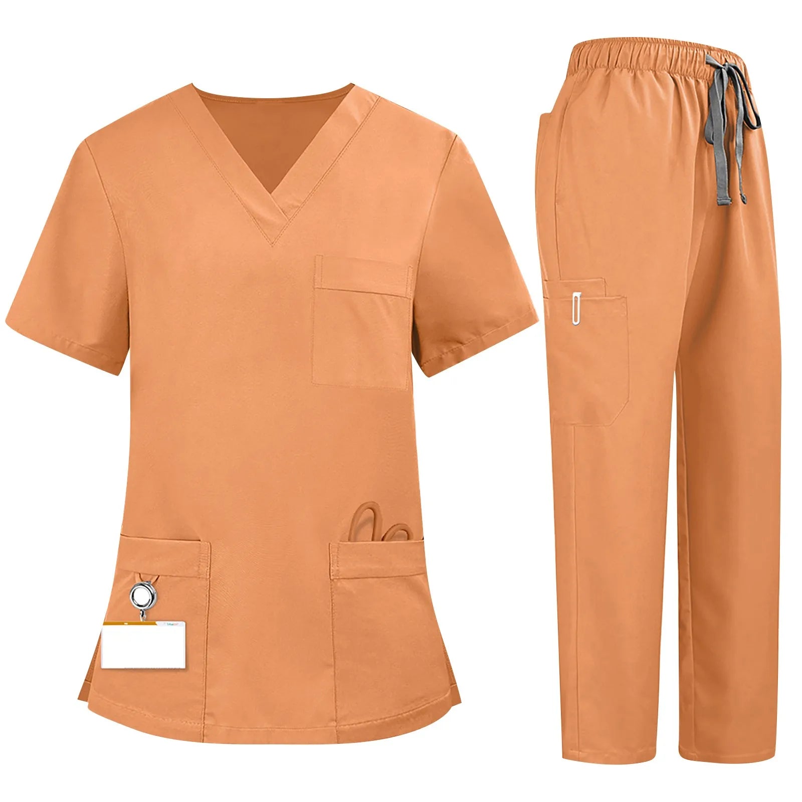 Plus Size Women'S Nurse Uniform Quick-Drying Fabric Solid Color V-Neck Pocket Short-Sleeved Trousers Suit Nursing Uniform Suit