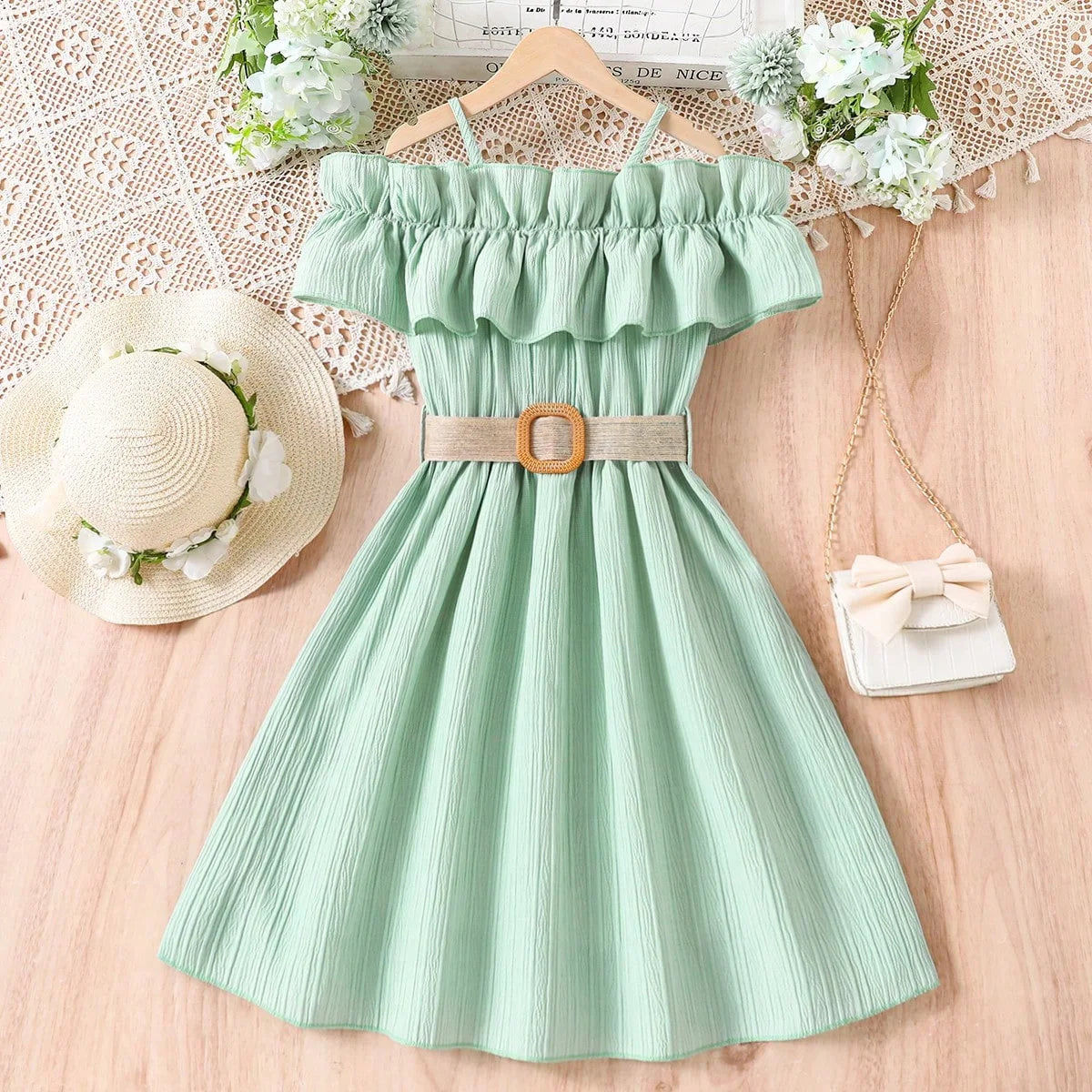 Prowow Girls Party Dresses With Belt 2pcs Trendy Ruffles Off Shoulder Dress For Girls Kids Clothes Teenagers Dresses Girls