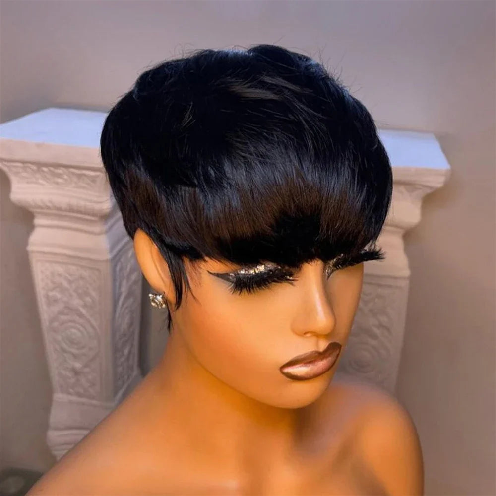 Highlight Wig Human Hair Short Pixie Cut Highlighted Human Hair Wigs for Women 4/27# Colored Machine Made Wigs  Layered Wavy Wig