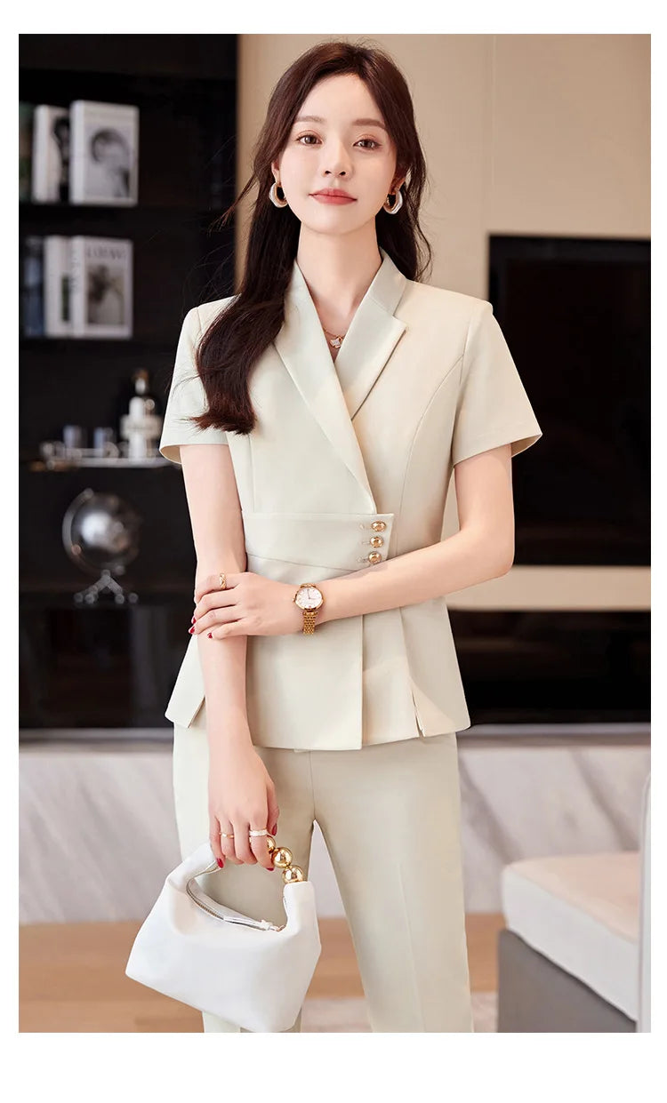 Summer Fabric Professional Women Business Suit with Pants and Jackets Coat Pantsuits Blazers Ladies Work Wear Trousers Set