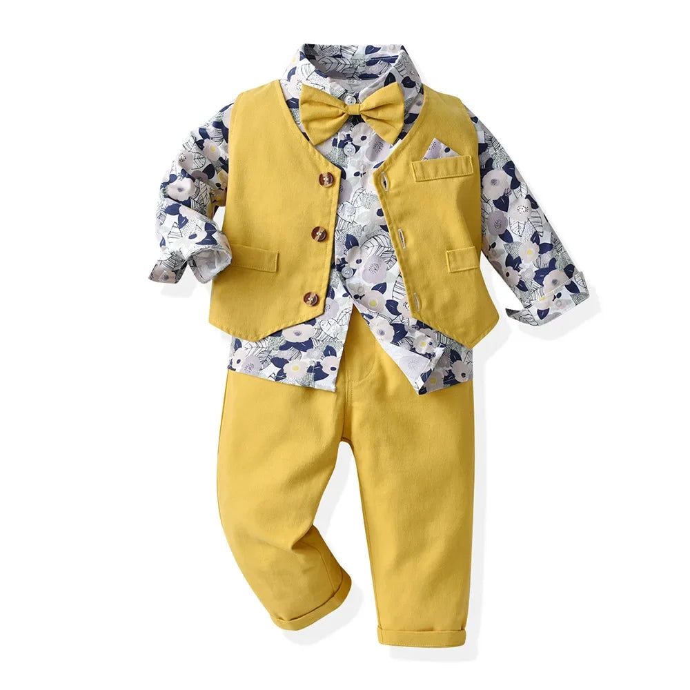Children's Autumn Boy Suit 70-140cm Flower Shirt and Strap Pants with Vest and Bow Tie Handsome Suit Halloween Orange Color