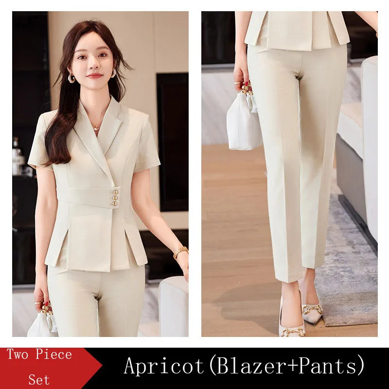 Summer Fabric Professional Women Business Suit with Pants and Jackets Coat Pantsuits Blazers Ladies Work Wear Trousers Set