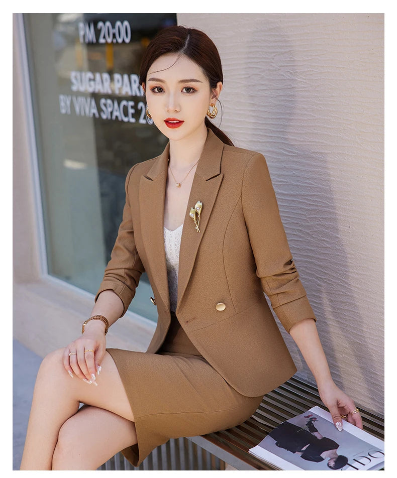 NAVIU Blue Suits Women 2023 New Autumn Professional Long Sleeve Rulffes Slim Blazer And Skirt Sets Office Ladies Work Wear Red