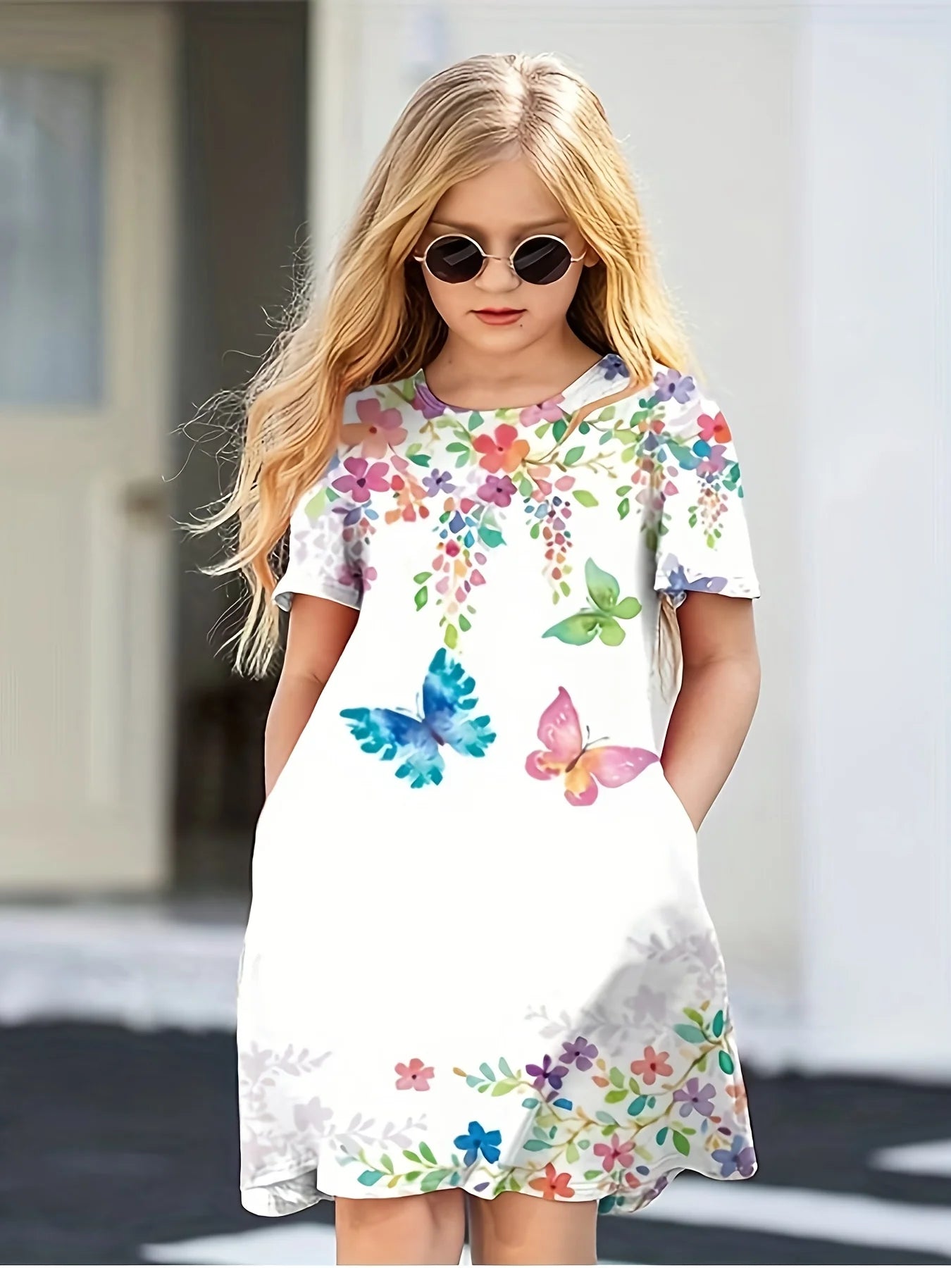 3-14 year old girl butterfly small fresh 3D printed short sleeved dress loose and comfortable party dress