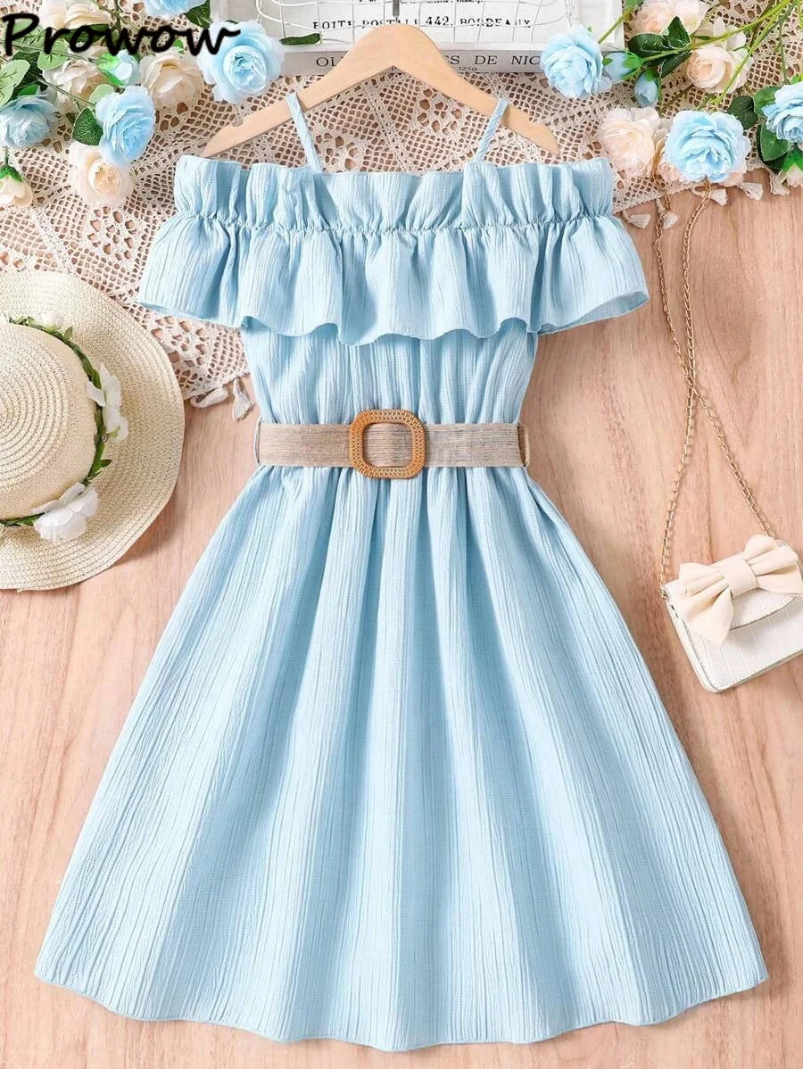 Prowow Girls Party Dresses With Belt 2pcs Trendy Ruffles Off Shoulder Dress For Girls Kids Clothes Teenagers Dresses Girls