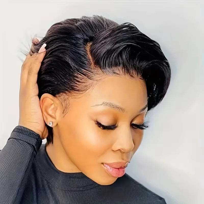Human Hair Wig with a Pixie Cut, Featuring a 13X4 Lace Front, Designed for Women, with 150% Density in Natural Black