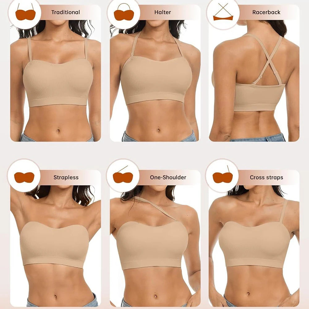Push Up Strapless Bras For Women Supportive Bandeau Bra Non Slip No Underwire Padded Tube Tops Comfort Soft Wireless Daily Bras