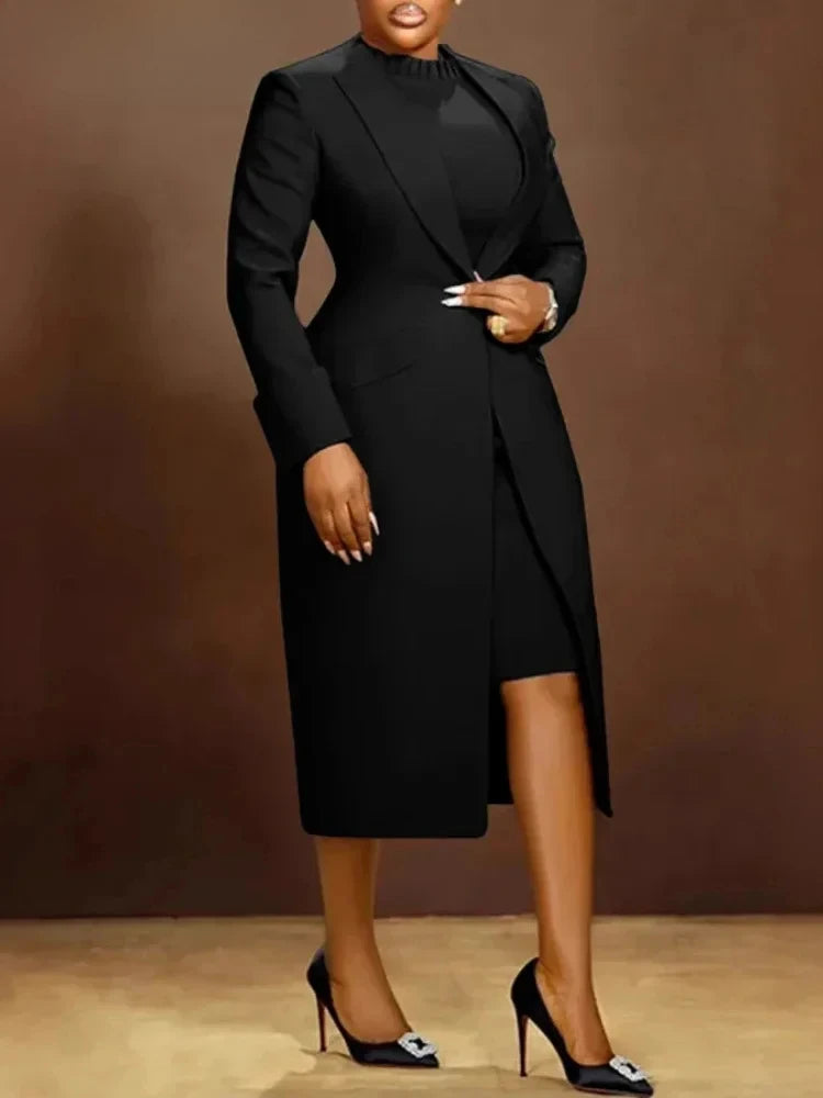 Women's Set Full Sleeve Long Blazer Coat+ Long Dress Suit  Winter Streetwear Two 2 Piece Set Africa OL Work Outfits