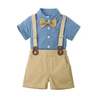 2PCS Baby Infant Boy Clothes Set Print Short  Sleeve with Bow+Shoulder Strap Pant Birthday for Kid 0-10 Years Gentleman Suit