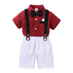 2PCS Baby Infant Boy Clothes Set Print Short  Sleeve with Bow+Shoulder Strap Pant Birthday for Kid 0-10 Years Gentleman Suit