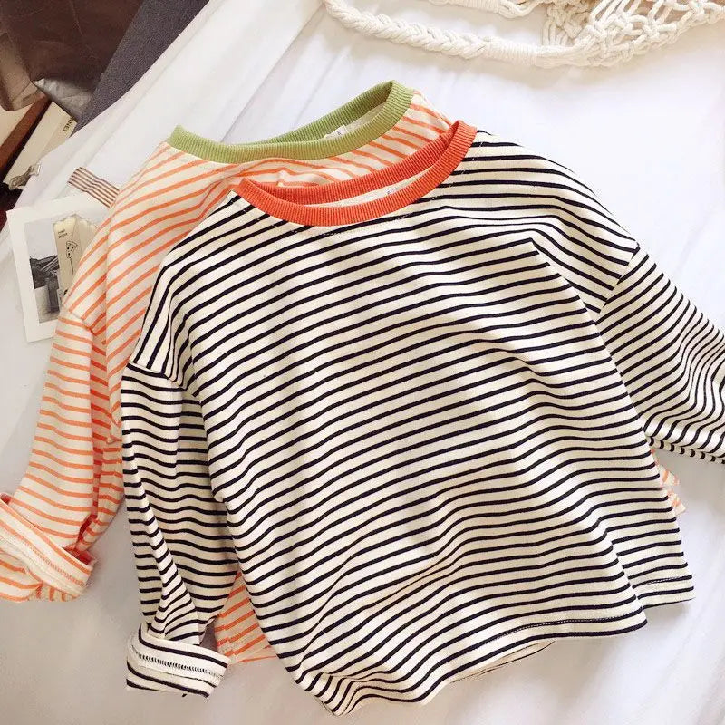 Boys and Girls T-shirt Long Sleeved Children's Base Shirt Spring and Autumn Pure Cotton Casual Versatile Striped Baby Top
