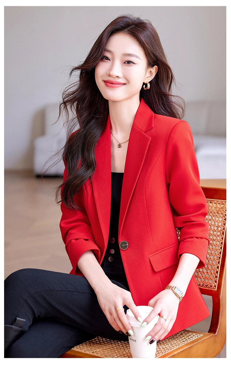 Bright Red Women's Suit Jacket, Stylish Fitted Coat, Black Asian-sized Young Girl Blazers. New 2026