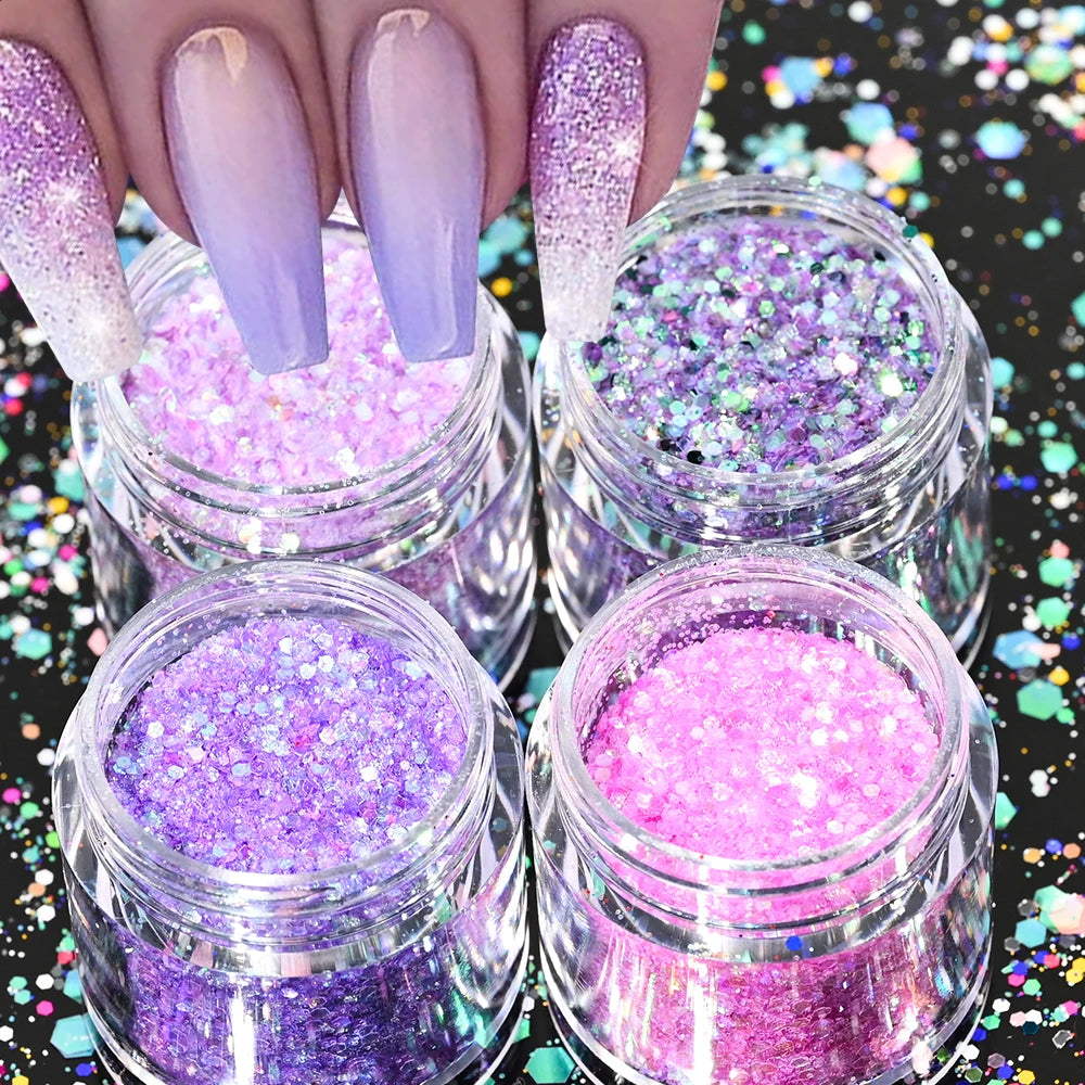 Holographic Glitter set 4 different shines Nail Sequins 10 grams each jar Holographic Cosmetic Festival Chunky Glitters Sequins