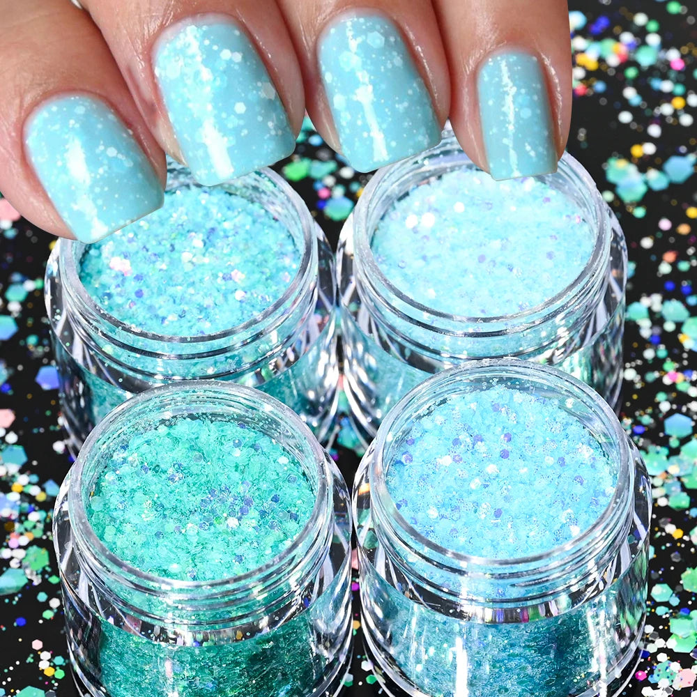 Holographic Glitter set 4 different shines Nail Sequins 10 grams each jar Holographic Cosmetic Festival Chunky Glitters Sequins