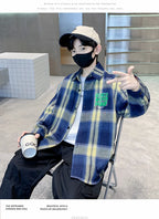 Children New Fashion Blue Plaid Shirt for Boy Casual Blouse Kids Cotton Top Spring Long Sleeve Baby Boy Clothes Outfit Age 5-14Y