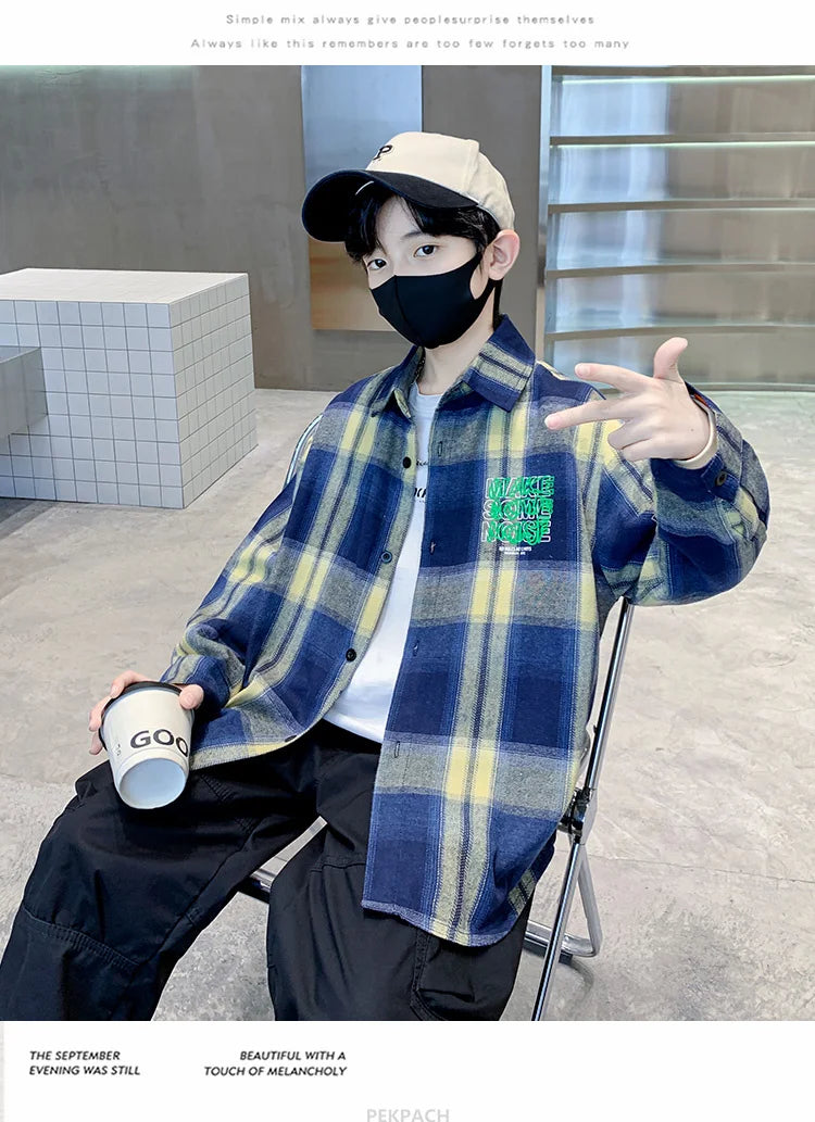 Children New Fashion Blue Plaid Shirt for Boy Casual Blouse Kids Cotton Top Spring Long Sleeve Baby Boy Clothes Outfit Age 5-14Y