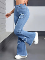 2026 Spring New Arrival Women's Pink Jeans, Blue Heart-Pattern Decorated Stretch Denim Trousers, Fashionable Flared Long Pants.