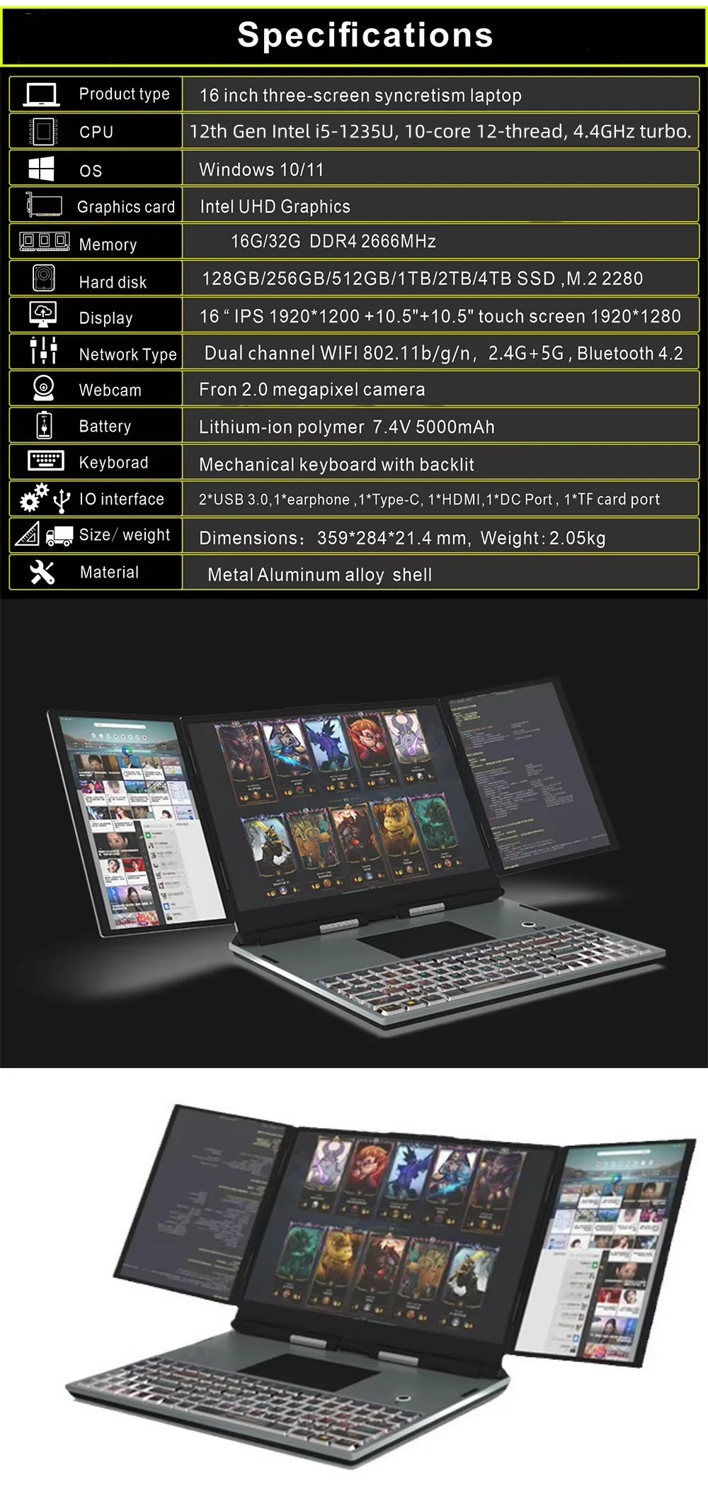 RAM 16G ROM 128G-1TB 16inch+10.5" +10.5" Three Screen Syncretism i5-1235U ultra Slim Aluminum Mechanical Backlit Keyboard LAPTOP