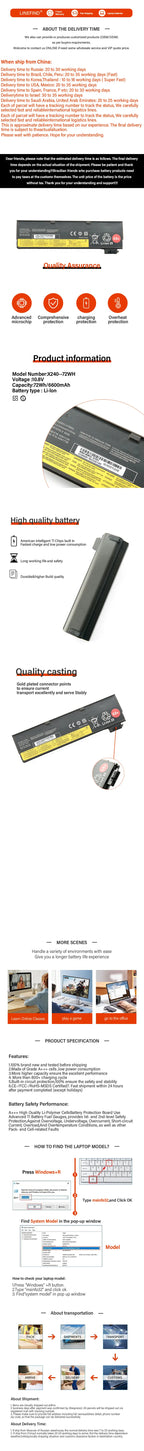 Laptop Battery For Lenovo Thinkpad X270 X260 X240 X250 T450 T470P T450S T440S K2450 W550S P50S 45N1136 45N1738 68+