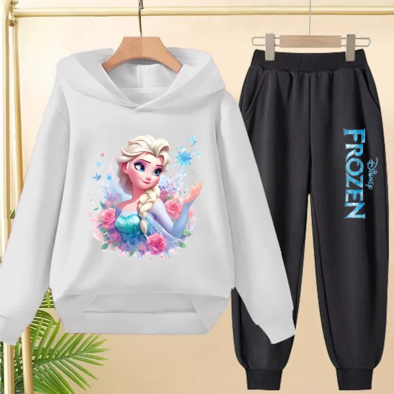 kids Kawaii Elsa Anima Film Pink Hoodies Boys Girls Casual Sweatshirt+Pants 3-12 Years Fashion Top Tracksuit Frozen Set Clothing