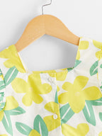 Vibrant Lemon Yellow Girl Short Sleeve Dress - Fresh Floral Pattern with Comfortable Cut