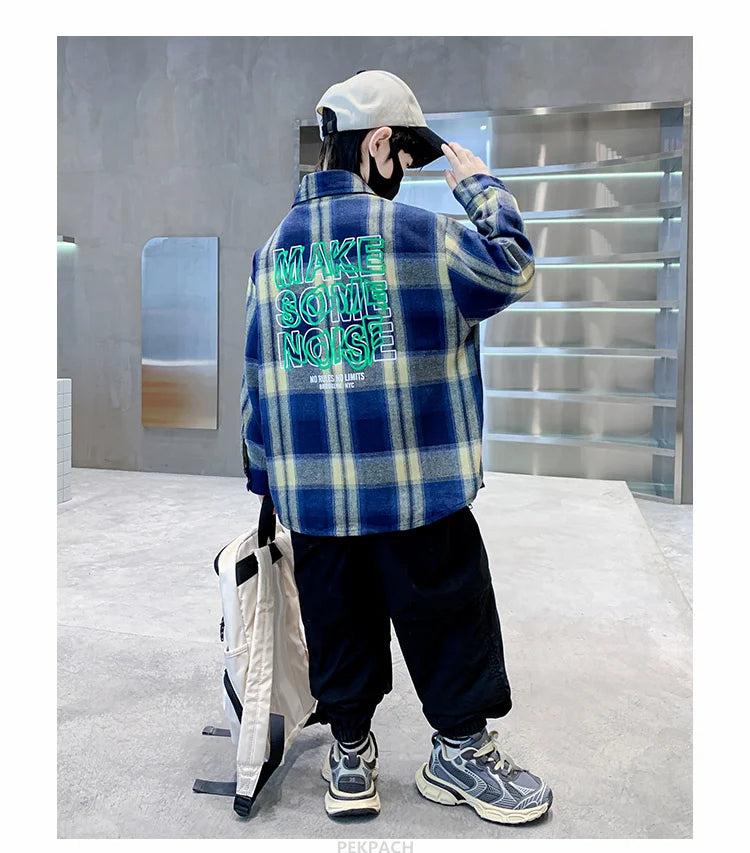 Children New Fashion Blue Plaid Shirt for Boy Casual Blouse Kids Cotton Top Spring Long Sleeve Baby Boy Clothes Outfit Age 5-14Y