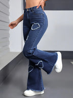 2026 Spring New Arrival Women's Pink Jeans, Blue Heart-Pattern Decorated Stretch Denim Trousers, Fashionable Flared Long Pants.