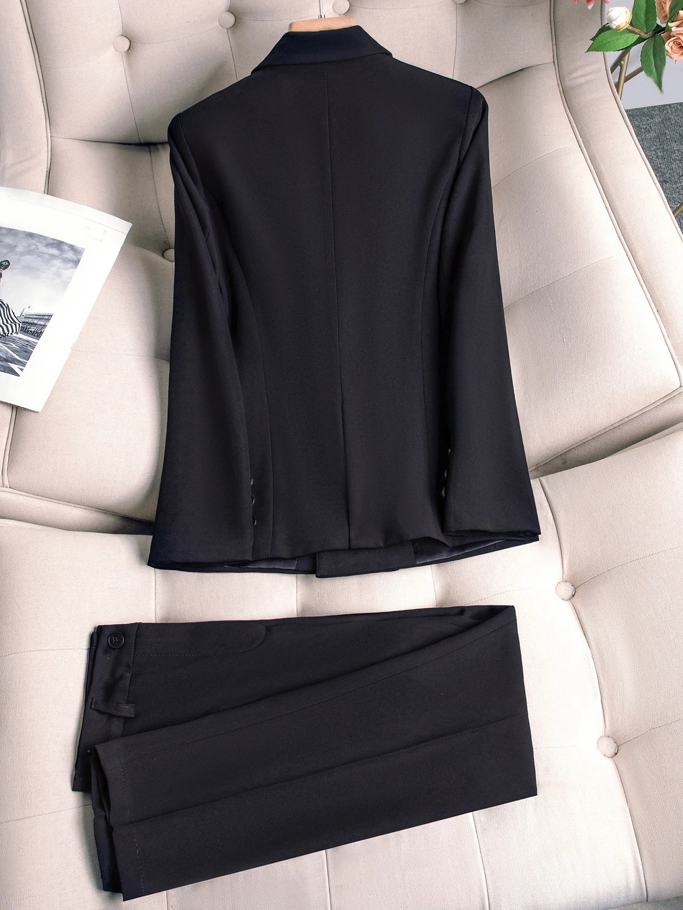 Peak Lapel Single-Vent Suit Set, Double-Breasted Long-Sleeve Solid-Color Office Smart Casual Pantsuit