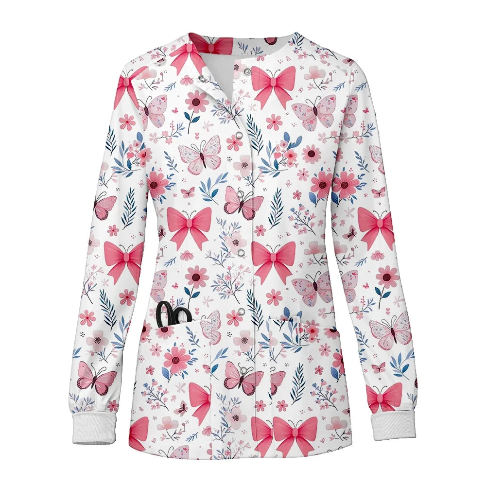 Women O-Neck Nursing Spa Scrub Uniforms Printed Scrubs Top Cartoon Medical Uniform Stretch Scrubs Top Long Sleeve Medicale Femme
