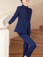 Peak Lapel Single-Vent Suit Set, Double-Breasted Long-Sleeve Solid-Color Office Smart Casual Pantsuit