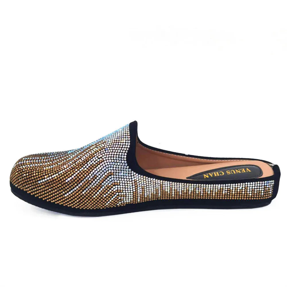 Venus Chan Elegant Flat Shoes for Woman Fashion Comfortable Party Slippers 2024 Latest Design Nigeria Gold Color Half Shoes
