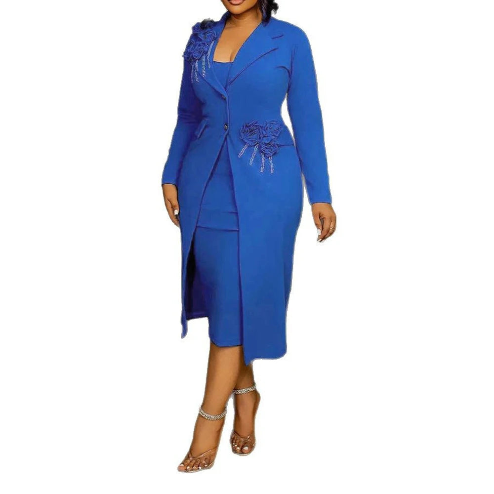 Women Dress 2 Piece Blazer Set Elegant Rhinestone 3D Flower Long Sleeve Coat Bodycon Midi Slip Dress Church Suit for Office Wear