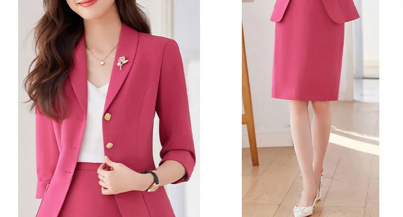 Yitimuceng Elegant Blazer for Women Office Fashion Three Quarters Suits Solid Single Breasted 2025 New All Seasons Skirt Suits