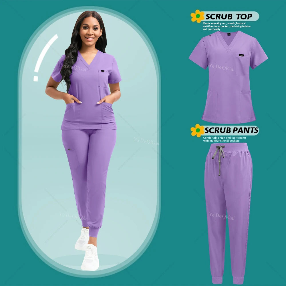 Stretch Scrubs Women Set Nursing Uniforms Clinical Scrubs Set Nurse Doctor Dustproof Workwear Medical Scrubs Top+ Jogger Pants